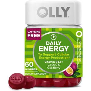 OLLY Daily Energy Gummy, Caffeine Free, Vitamin B12, CoQ10, Goji Berry, Adult Chewable Supplement, Tropical Flavor – 60 Count(Regular Strength)