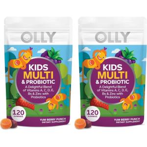 OLLY Kids Multivitamin & Probiotic Gummy, Digestive Support, Vitamins A, D, C, E, B, Zinc, Chewable Supplement, Berry Flavor, 60 day supply – 120 Count(120 Count (Pack of 2))