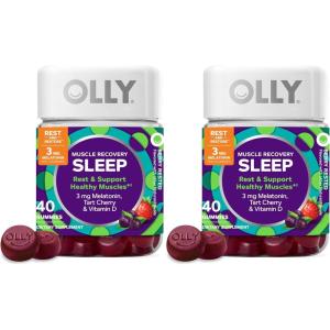 OLLY Muscle Recovery Sleep Gummies, Sleep and Healthy Muscle Support,* 3mg Melatonin, Tart Cherry Extract, Vitamin D, Berry Rested Flavor, 20 Day Supply – 40 Count(40 Count (Pack of 2))