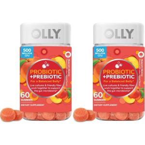 OLLY Probiotic + Prebiotic Gummy, 500 Million CFUs, FOS, Adult Chewable Supplement for Men and Women, Peach Flavored, 30 Day Supply – 30 Count(60 Count (Pack of 2))