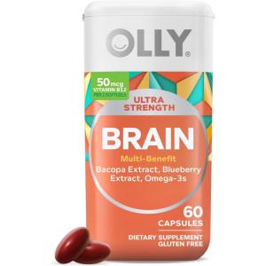 OLLY Ultra Strength Brain Softgels, Nootropic, Supports Healthy Brain Function, Memory, Focus and Concentration, Omega-3s, Vitamins B6 and B12, 30 Day Supply – 60 Count(60 Count (Pack of 1))