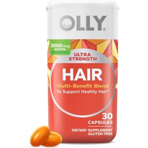 OLLY Ultra Strength Hair Softgels, Supports Hair Health, Biotin, Keratin, Vitamin D, B12, Hair Supplement, 30 Day Supply – 30 Count (Packaging May Vary)(30 Count (Pack of 1))