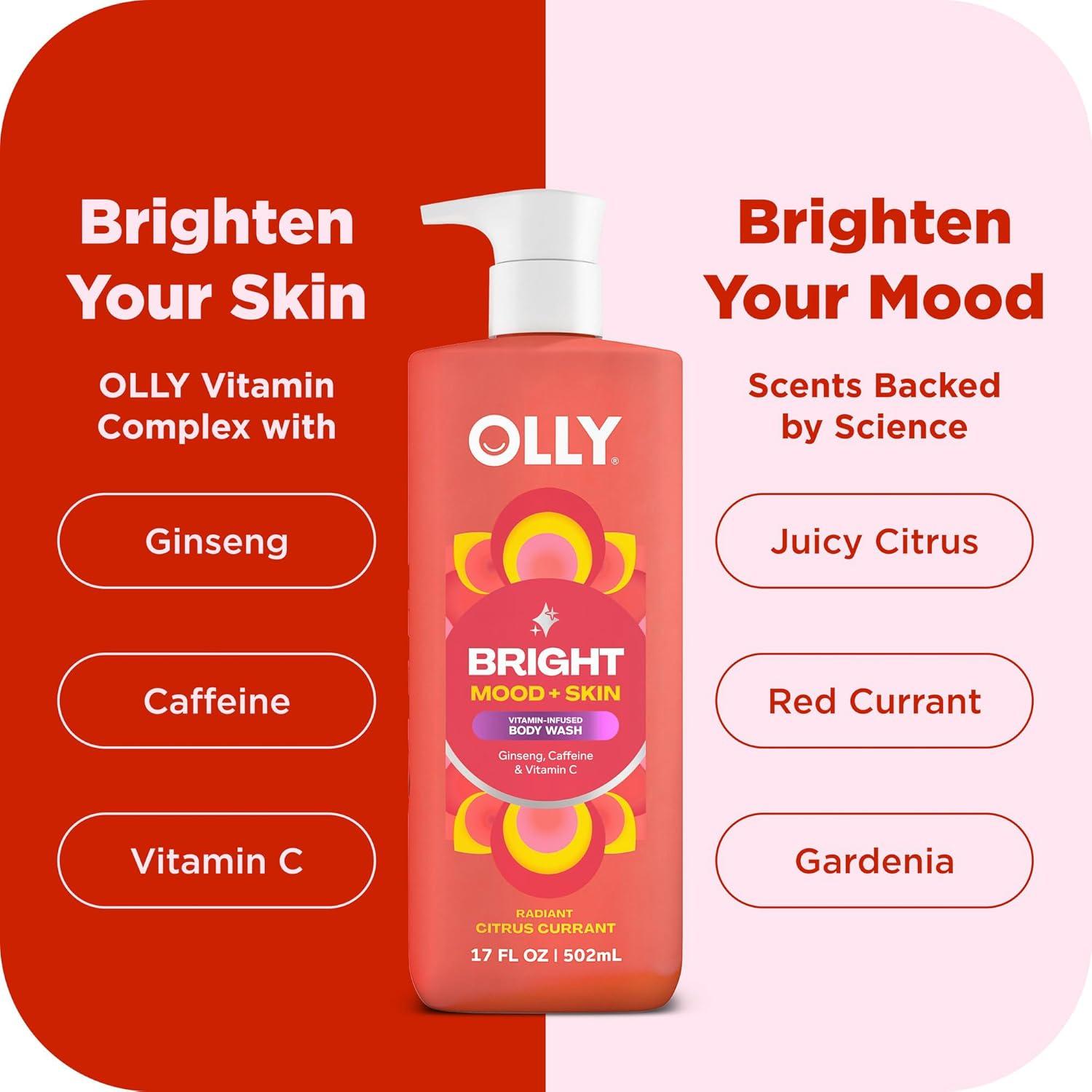 imageOLLY Bright Body Wash with Ginseng Caffeine amp Vitamin C Nourishing Cleanser for Skin Barrier Repair Deep Hydration Citrus Currant Scent 17 oz
