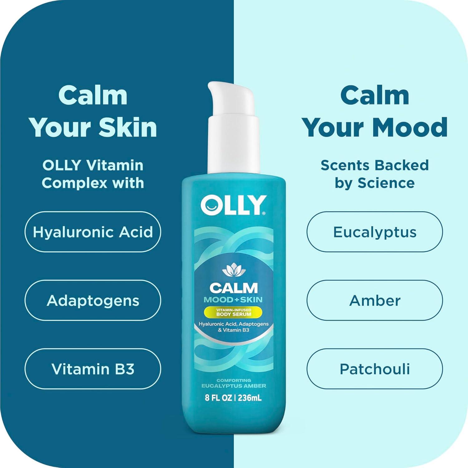 imageOLLY Calm Body LotionSerum with Hyaluronic Acid Adaptogens amp Vitamin B3 Nourishing Cleanser for Skin Barrier Repair Deep Hydration Eucalyptus Amber Scent 8oz