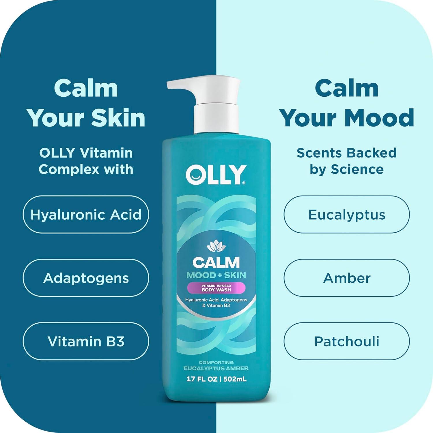 imageOLLY Calm Body Wash with Hyaluronic Acid Adaptogens amp Vitamin B3 Nourishing Cleanser for Skin Barrier Repair Deep Hydration Eucalyptus Amber Scent 17oz