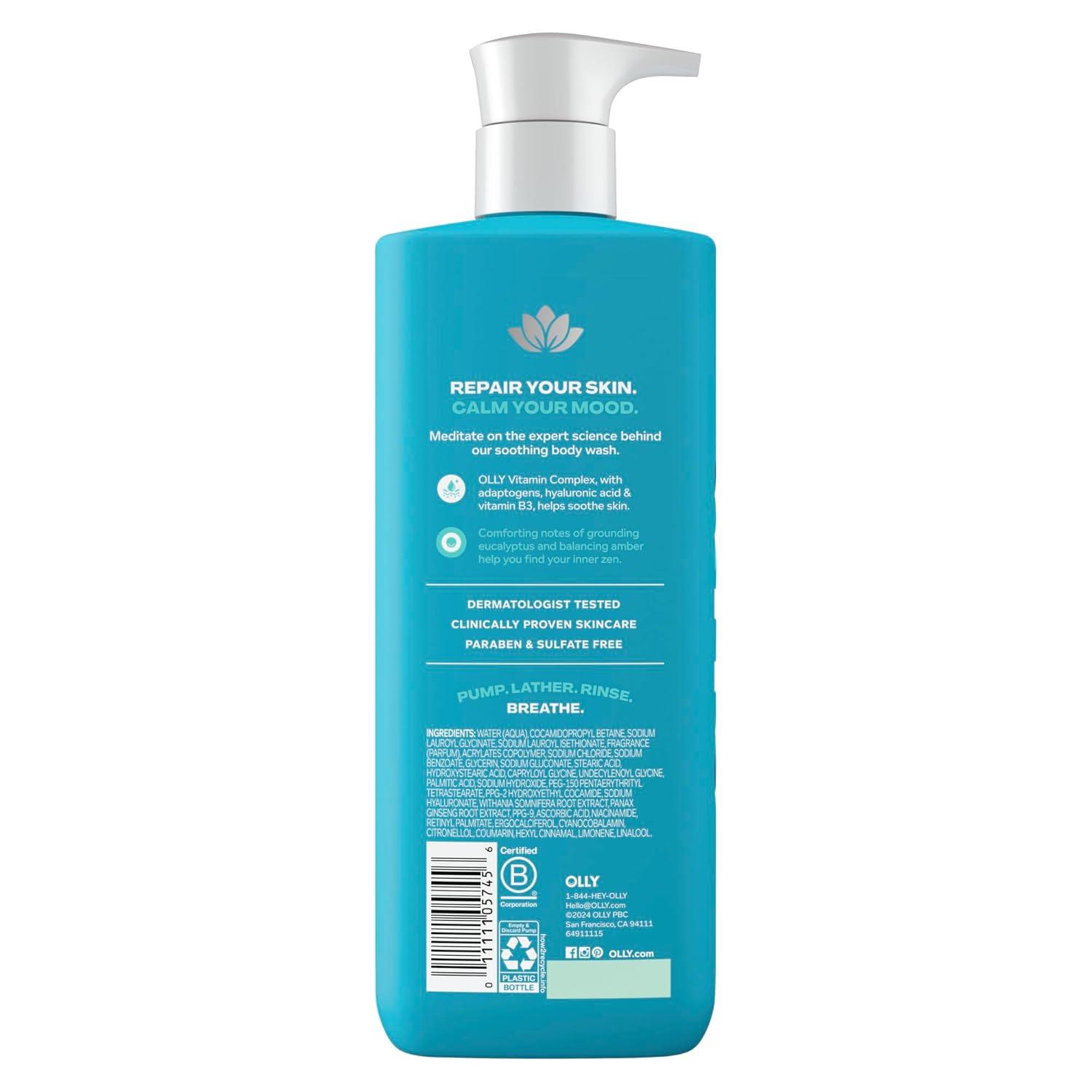imageOLLY Calm Body Wash with Hyaluronic Acid Adaptogens amp Vitamin B3 Nourishing Cleanser for Skin Barrier Repair Deep Hydration Eucalyptus Amber Scent 17oz