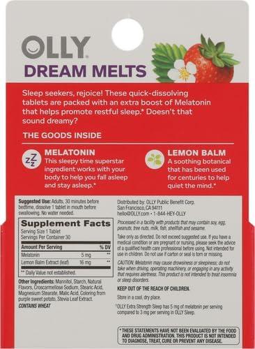 imageOLLY Extra Strength Sleep Fast Dissolve Tablets 5mg Melatonin Vegan Strawberry 30ct30 Count Pack of 2