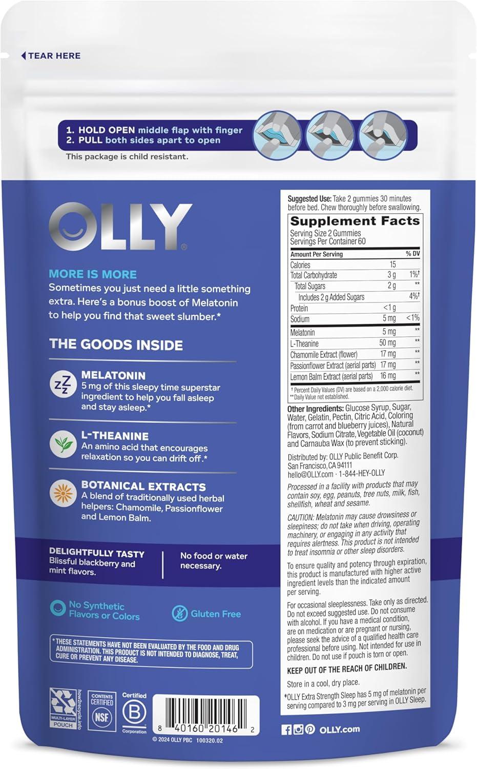imageOLLY Extra Strength Sleep Gummy Occasional Sleep Support Supplement 5 mg Melatonin LTheanine Blackberry Zen Flavor 30 Day Supply 60 Count Packaging May Vary120 Count Pack of 1