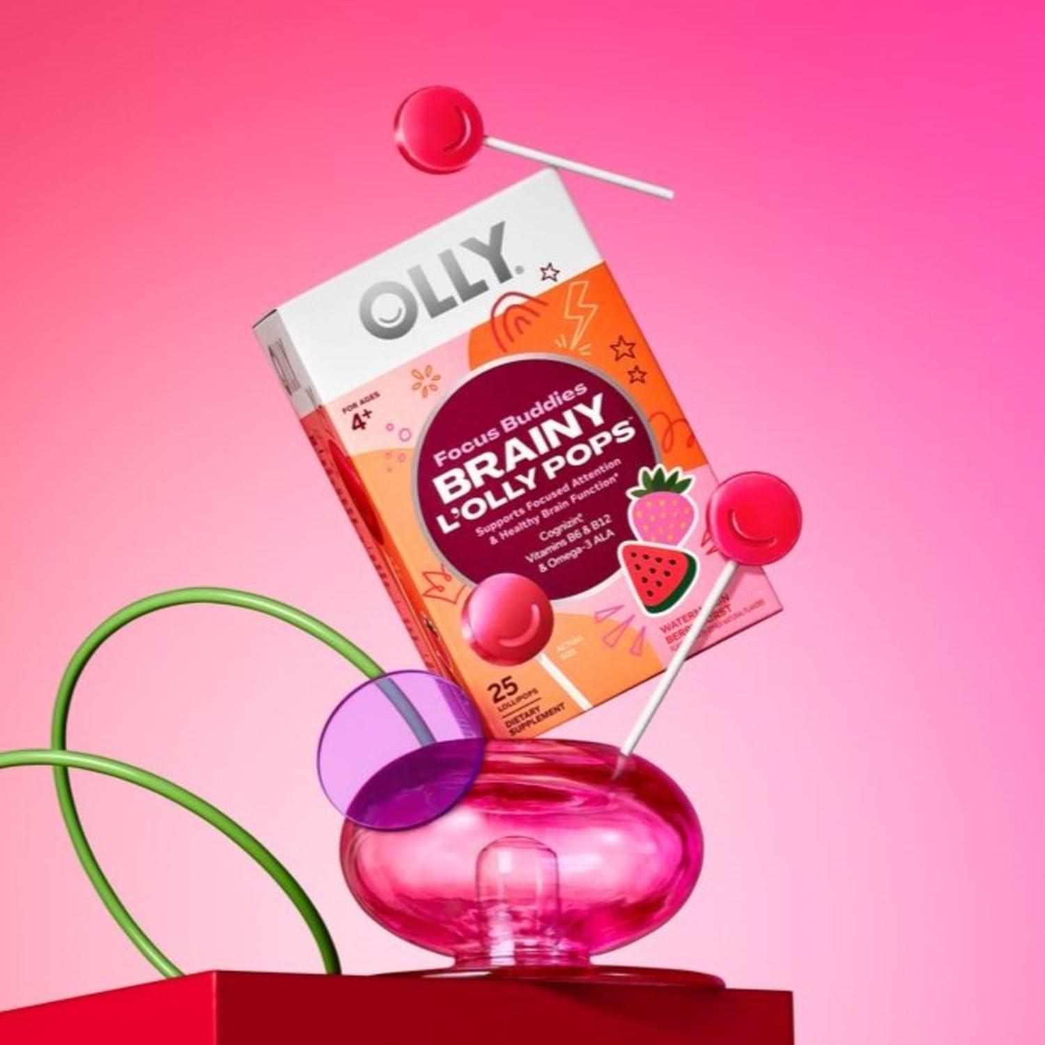 imageOLLY Focus Buddies LOLLY Pops Cognizin Vitamins B6 and B12 Omega3 ALA Supports Focused Attention and Healthy Brain Function Kids 4 Dietary Supplement Watermelon Strawberry Flavored 25 Count25 Count Pack of 2
