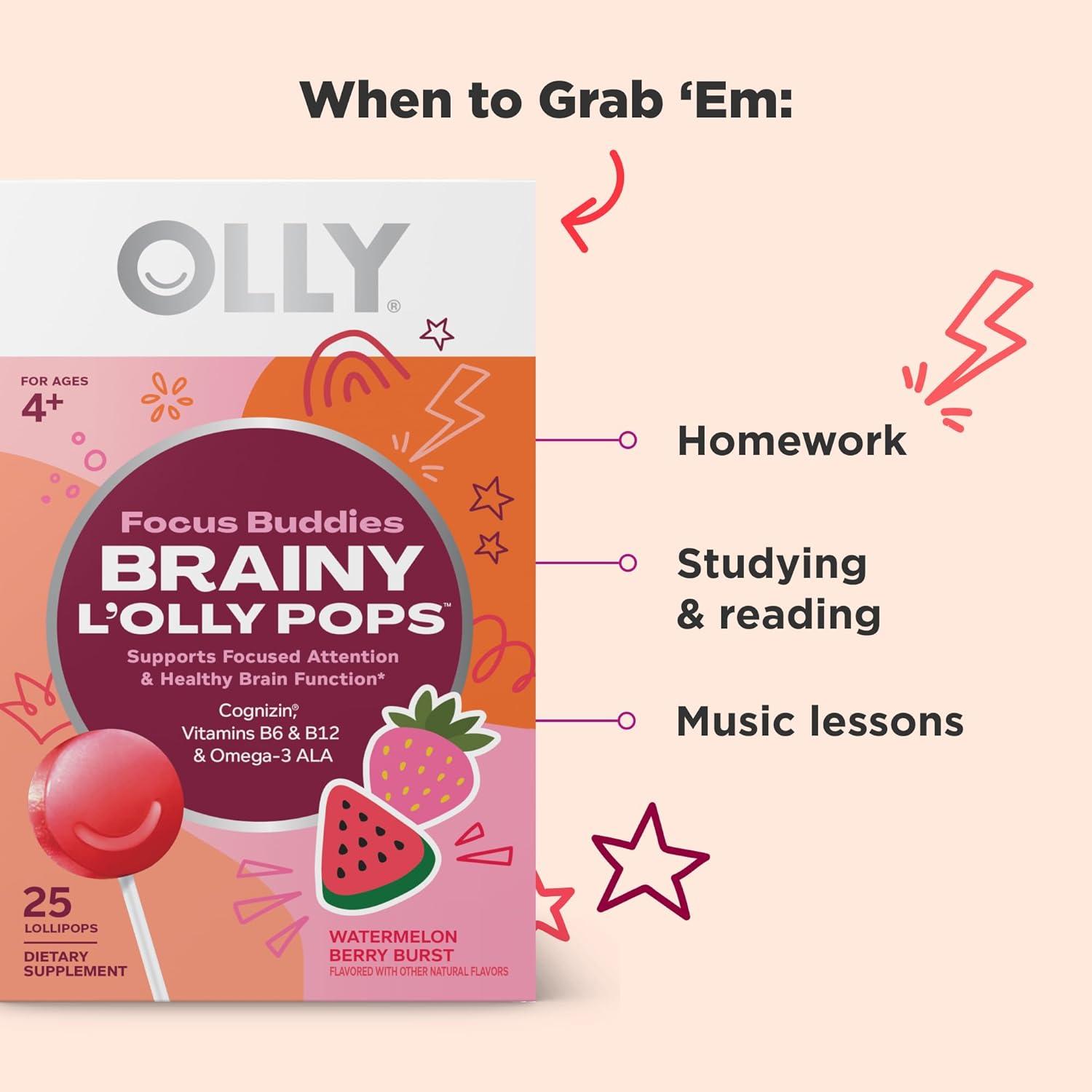 imageOLLY Focus Buddies LOLLY Pops Cognizin Vitamins B6 and B12 Omega3 ALA Supports Focused Attention and Healthy Brain Function Kids 4 Dietary Supplement Watermelon Strawberry Flavored 25 Count25 Count