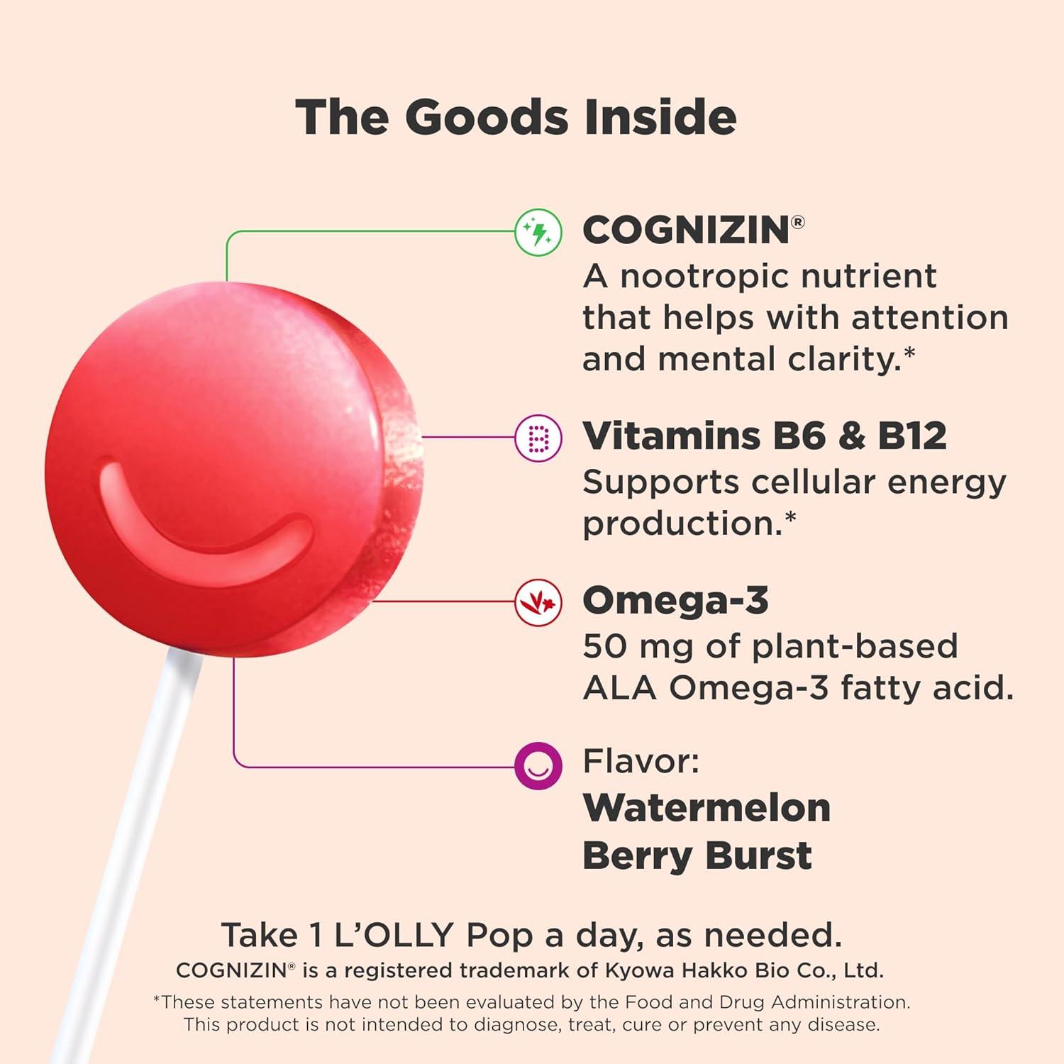 imageOLLY Focus Buddies LOLLY Pops Cognizin Vitamins B6 and B12 Omega3 ALA Supports Focused Attention and Healthy Brain Function Kids 4 Dietary Supplement Watermelon Strawberry Flavored 25 Count25 Count