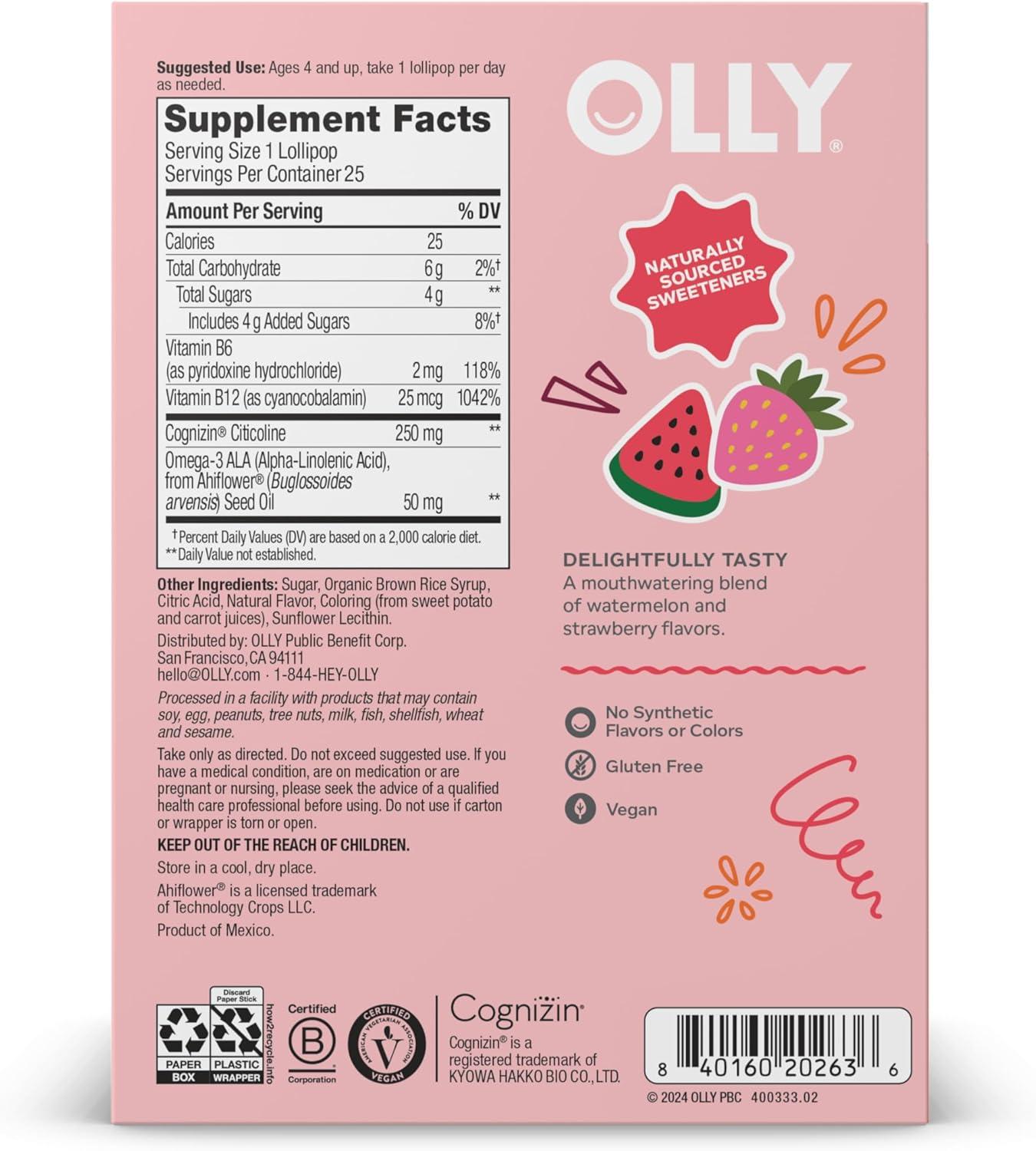 imageOLLY Focus Buddies LOLLY Pops Cognizin Vitamins B6 and B12 Omega3 ALA Supports Focused Attention and Healthy Brain Function Kids 4 Dietary Supplement Watermelon Strawberry Flavored 25 Count25 Count Pack of 2