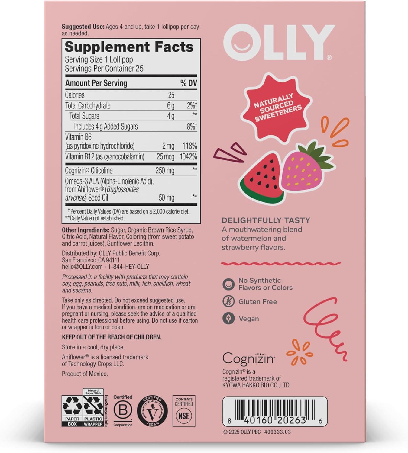 imageOLLY Focus Buddies LOLLY Pops Cognizin Vitamins B6 and B12 Omega3 ALA Supports Focused Attention and Healthy Brain Function Kids 4 Dietary Supplement Watermelon Strawberry Flavored 25 Count25 Count Pack of 2