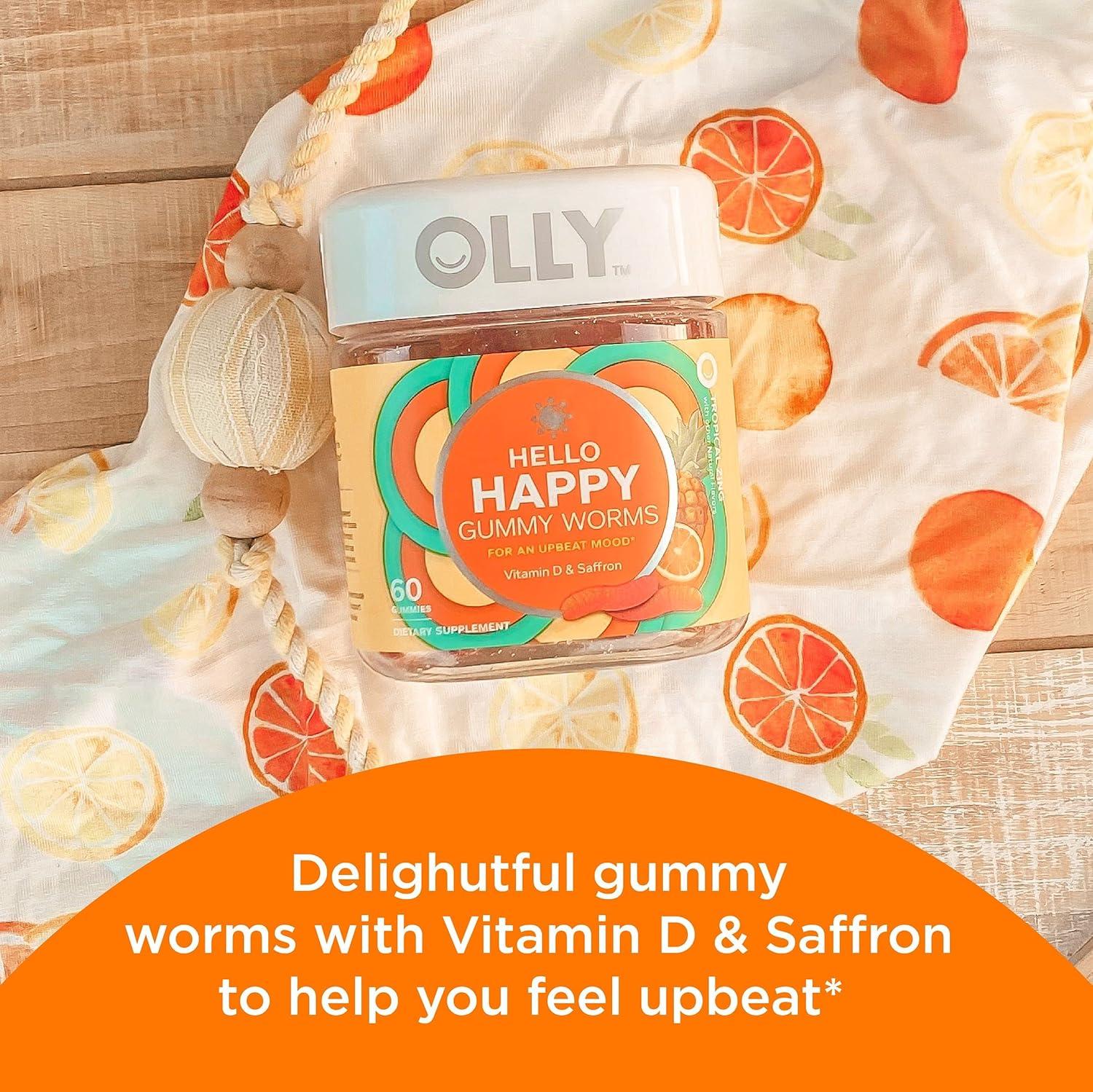 imageOLLY Hello Happy Gummy Worms Mood Support Gummies For Adults Saffron Extract Vitamin D Tropical Zing Flavored 30 Day Supply 60 Count60 Count Pack of 1