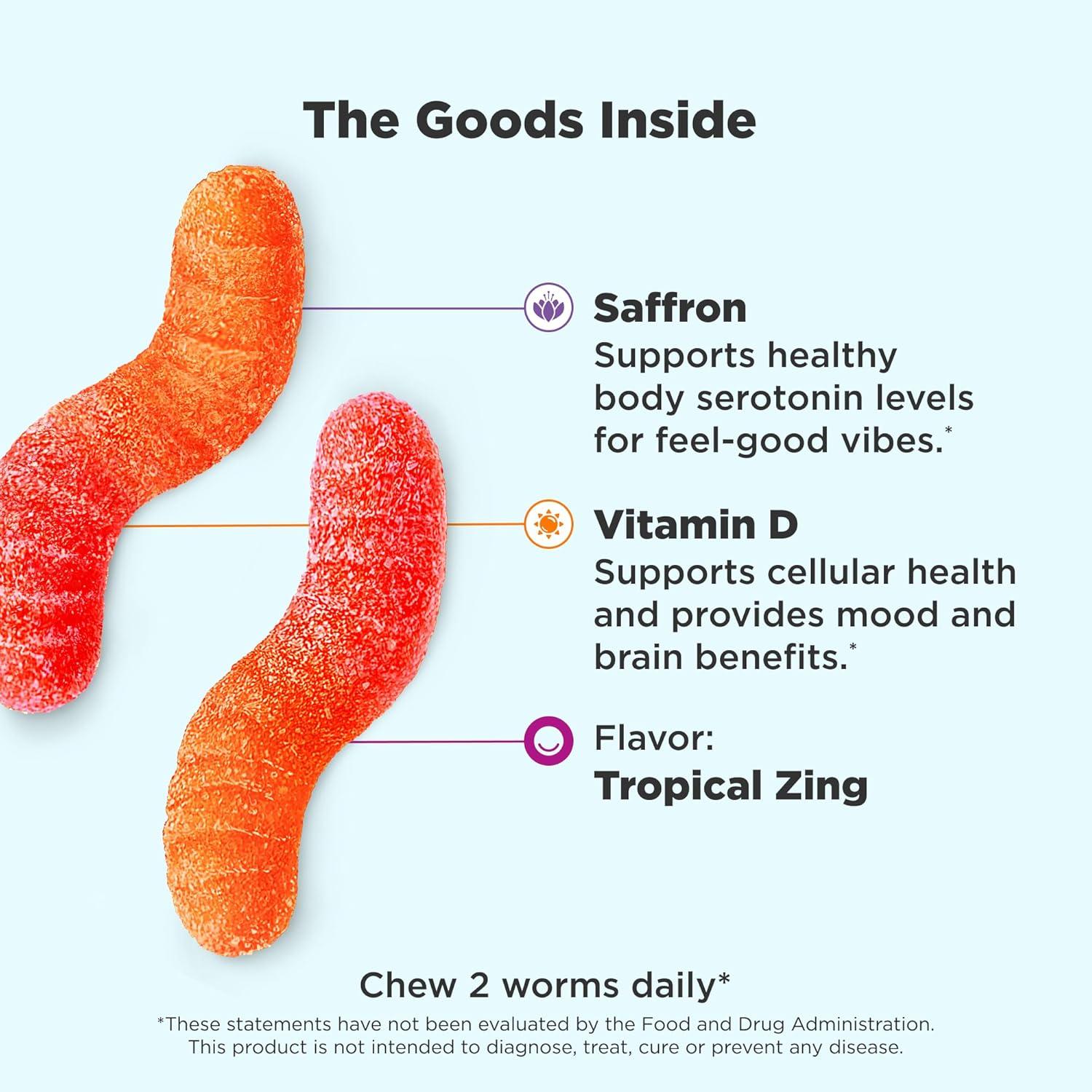 imageOLLY Hello Happy Gummy Worms Mood Support Gummies For Adults Saffron Extract Vitamin D Tropical Zing Flavored 30 Day Supply 60 Count90 Count Pack of 1
