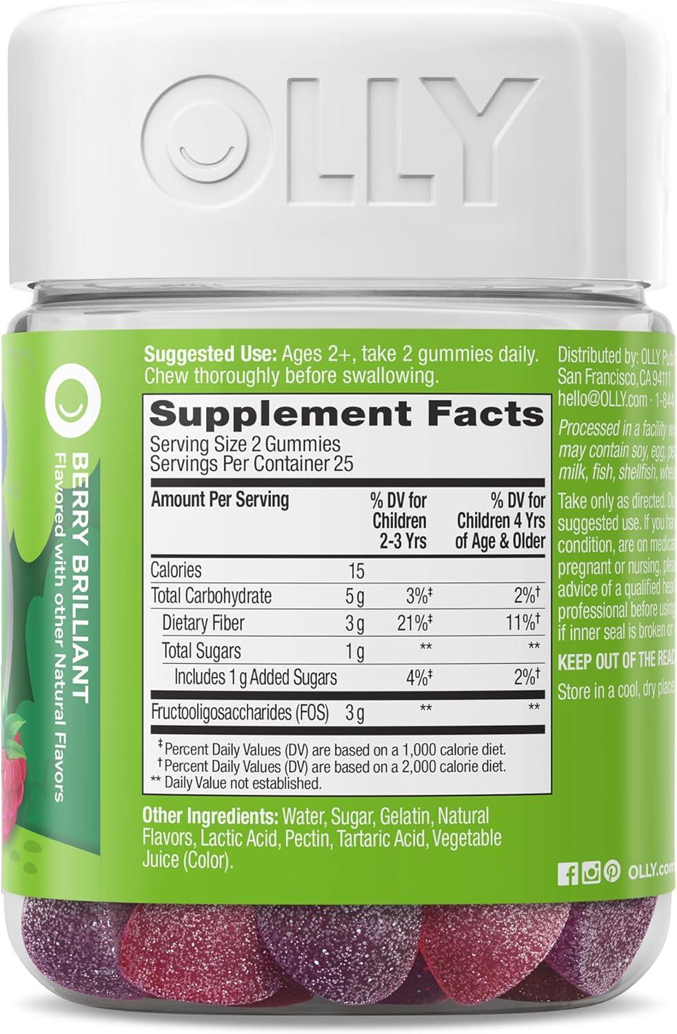 imageOLLY Kids Friendly Fiber Gummy Digestion Support 3g Prebiotic Fiber FOS Kids Chewable Supplement Berry Brilliant Flavored 25 Day Supply 50 Count