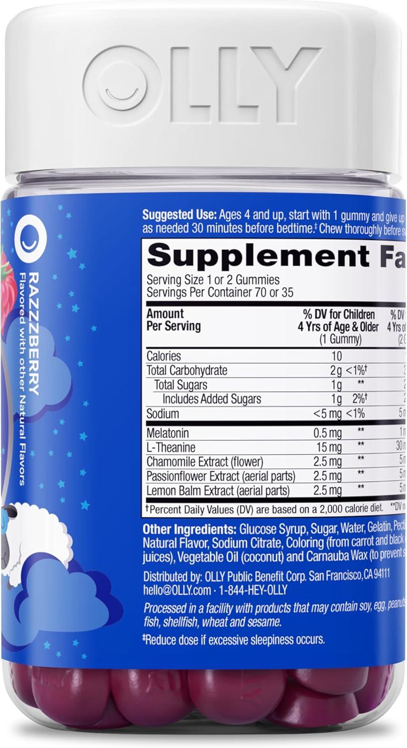 imageOLLY Kids Sleep Gummy Occasional Sleep Support 05mg Melatonin LTheanine Raspberry Flavored 50 or 25 Day Supply 50 CountBottle