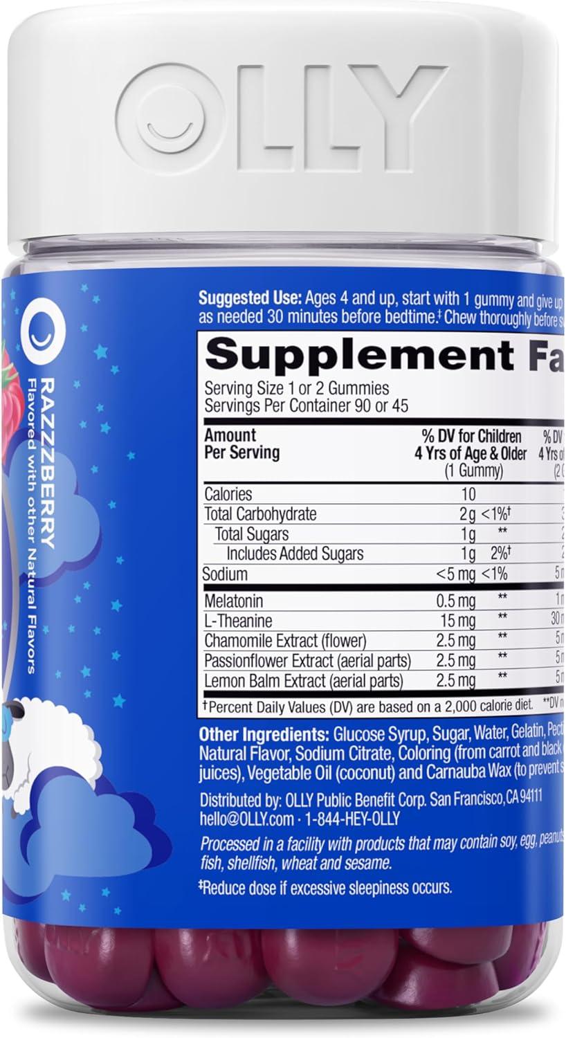 imageOLLY Kids Sleep Gummy Occasional Sleep Support 05mg Melatonin LTheanine Raspberry Flavored 50 or 25 Day Supply 50 CountBottle