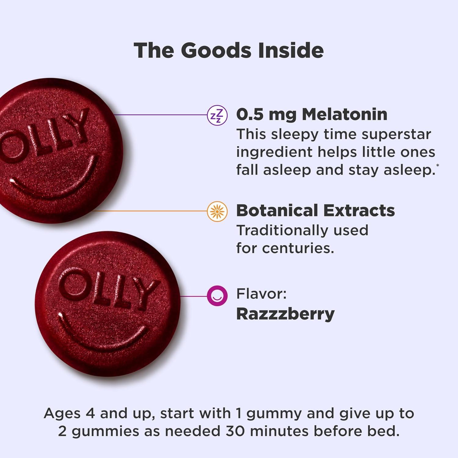 imageOLLY Kids Sleep Gummy Occasional Sleep Support 05mg Melatonin LTheanine Raspberry Flavored 50 or 25 Day Supply 50 CountBottle