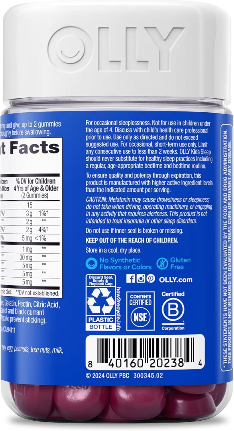 imageOLLY Kids Sleep Gummy Occasional Sleep Support 05mg Melatonin LTheanine Raspberry Flavored 50 or 25 Day Supply 50 CountBottle