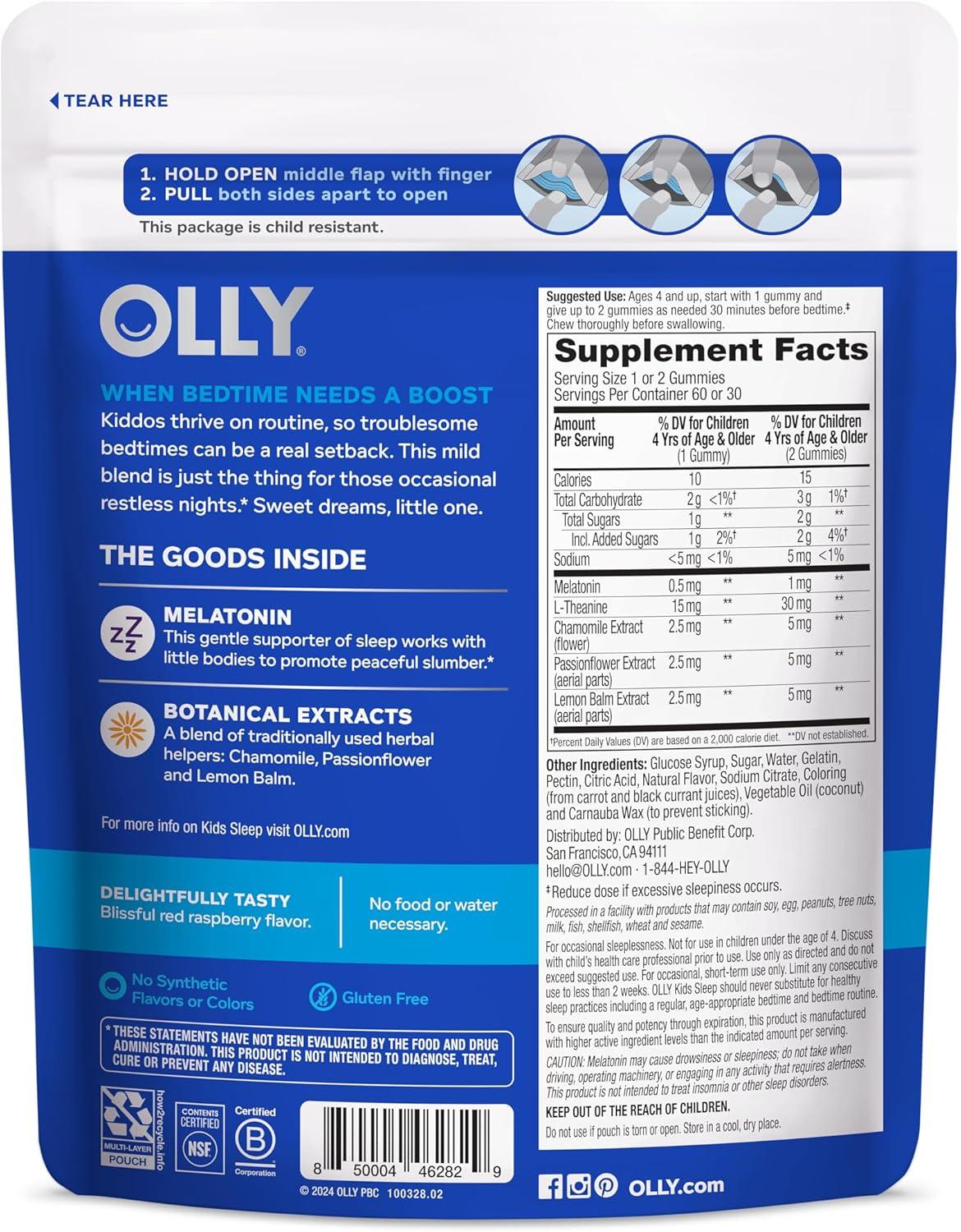 imageOLLY Kids Sleep Gummy Occasional Sleep Support 05mg Melatonin LTheanine Raspberry Flavored 50 or 25 Day Supply 50 CountPouch