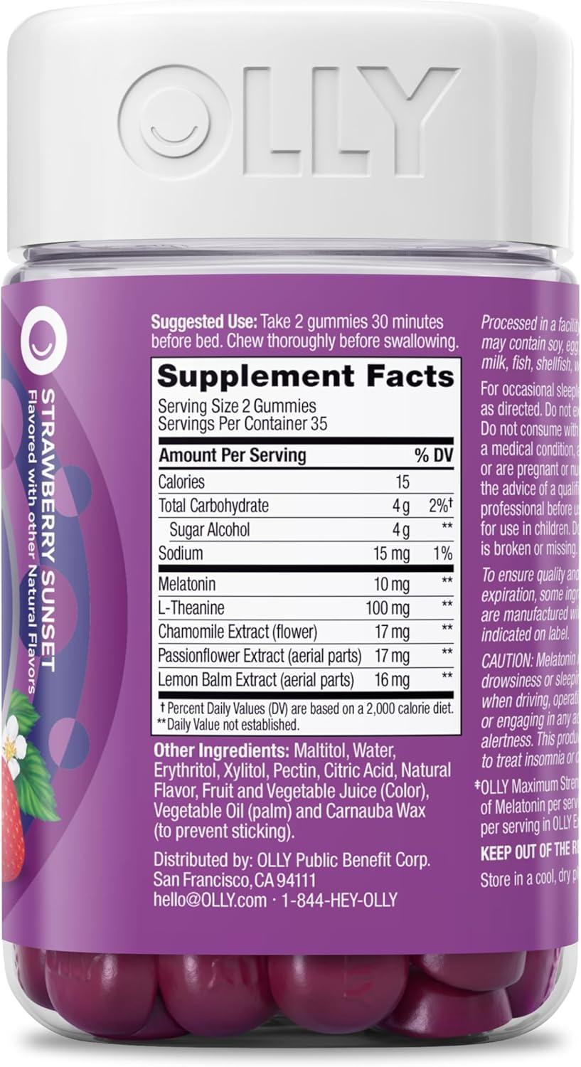 imageOLLY Max Strength Sleep Gummy 10mg Melatonin LTheanine Chamomile Lemon Balm Sugar Free Vegetarian Sleep Aid Strawberry 70 Count70 Count Pack of 2