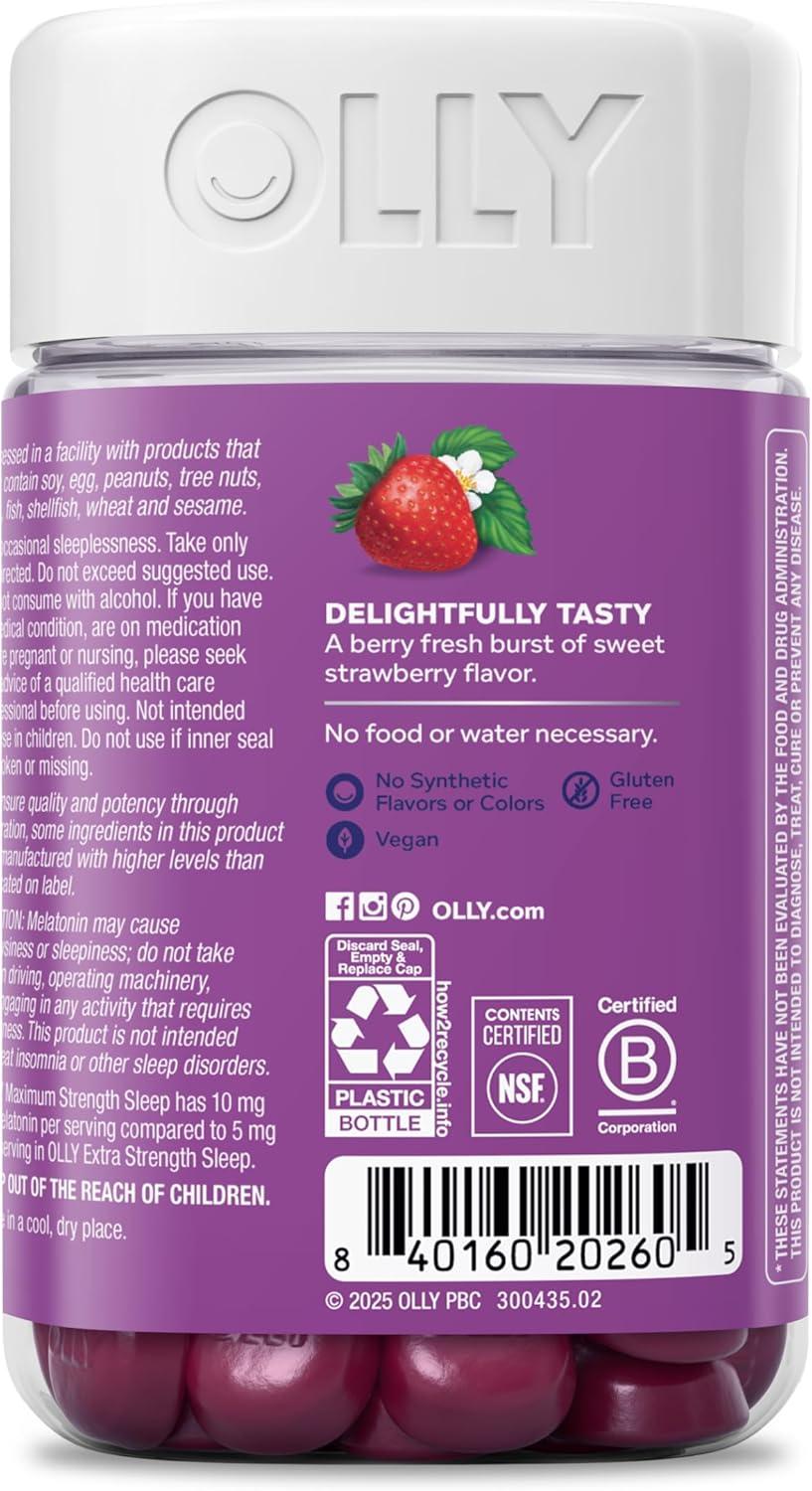 imageOLLY Max Strength Sleep Gummy 10mg Melatonin LTheanine Chamomile Lemon Balm Sugar Free Vegetarian Sleep Aid Strawberry 70 Count70 Count Pack of 2