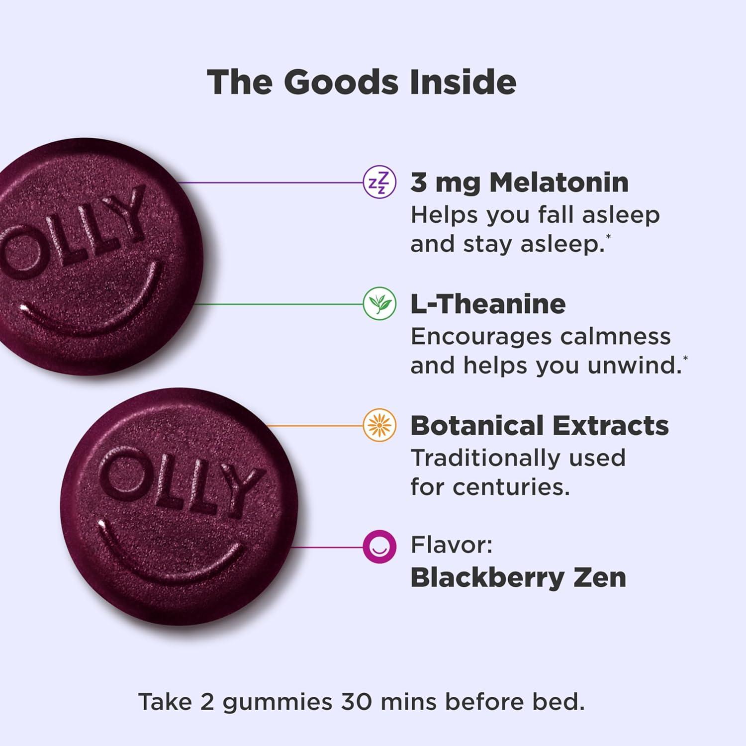 imageOLLY Sleep Gummy Sleep Support Supplement 3 mg Melatonin LTheanine Chamomile and Lemon Balm Extracts BlackBerry Zen Flavor 60 Day Supply 120 Count120 Count Pack of 1
