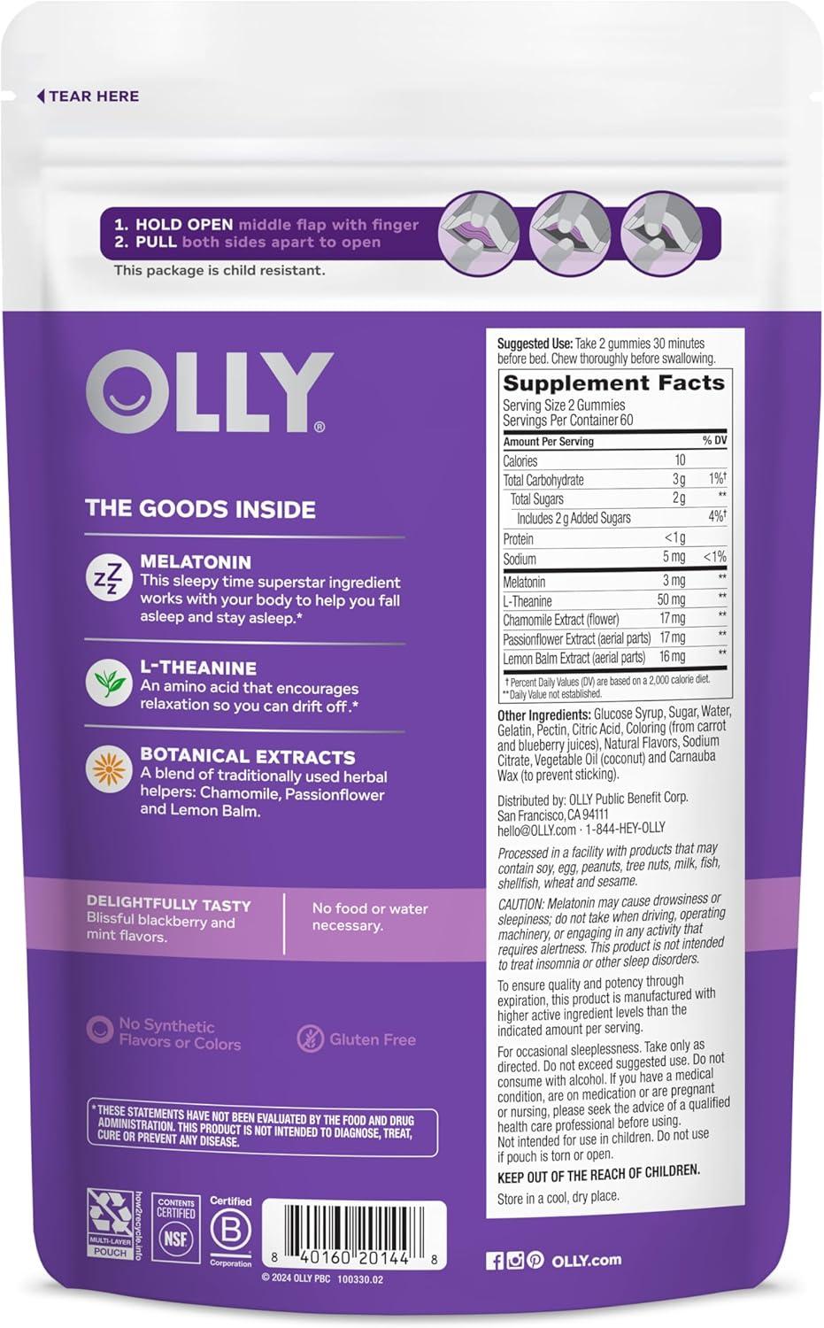 imageOLLY Sleep Gummy Sleep Support Supplement 3 mg Melatonin LTheanine Chamomile and Lemon Balm Extracts BlackBerry Zen Flavor 60 Day Supply 120 Count120 Count Pack of 1