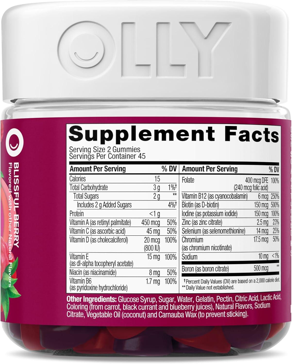 imageOLLY Womens Multivitamin Gummy Womens Overall Wellness Vitamins A C D E Biotin Folic Acid Adult Chewable Supplement Berry Flavored 45 Day Supply 90 CountBerry