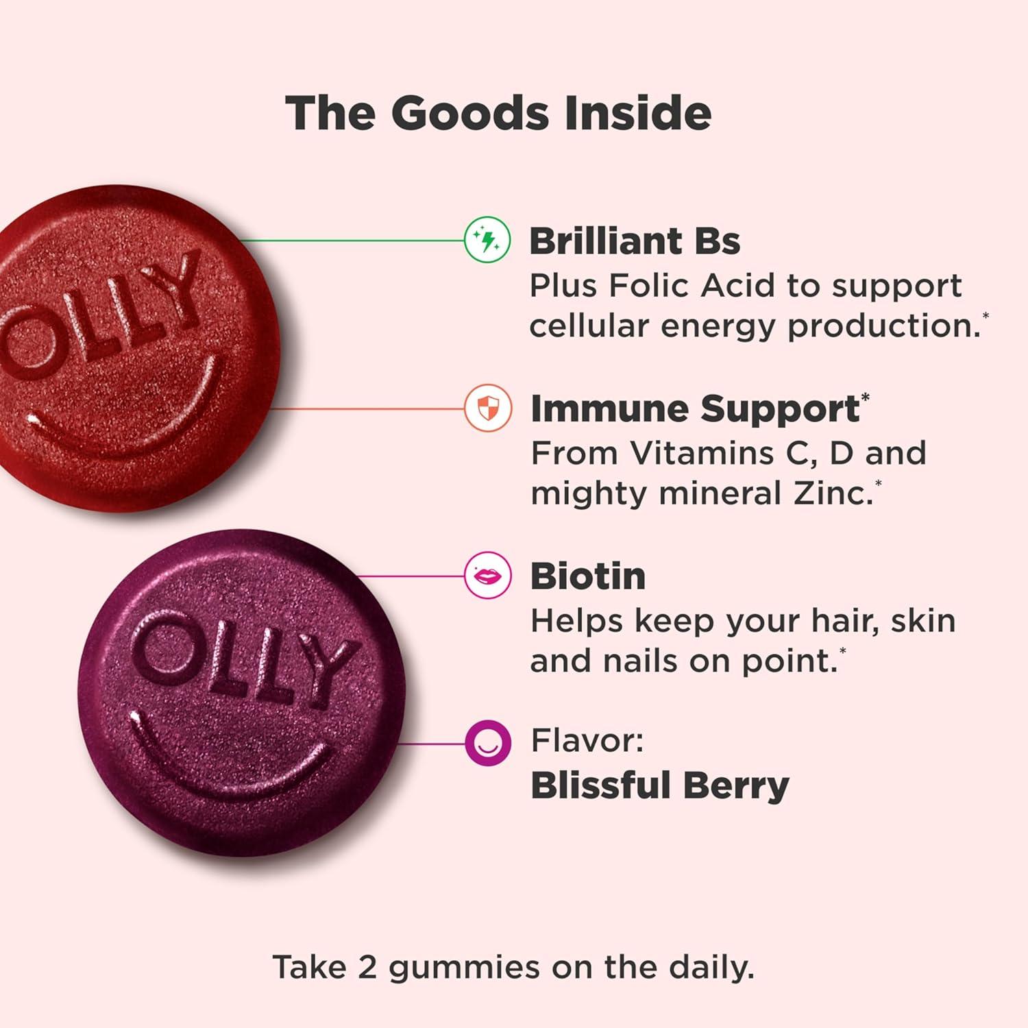imageOLLY Womens Multivitamin Gummy Womens Overall Wellness Vitamins A C D E Biotin Folic Acid Adult Chewable Supplement Berry Flavored 45 Day Supply 90 CountBerry