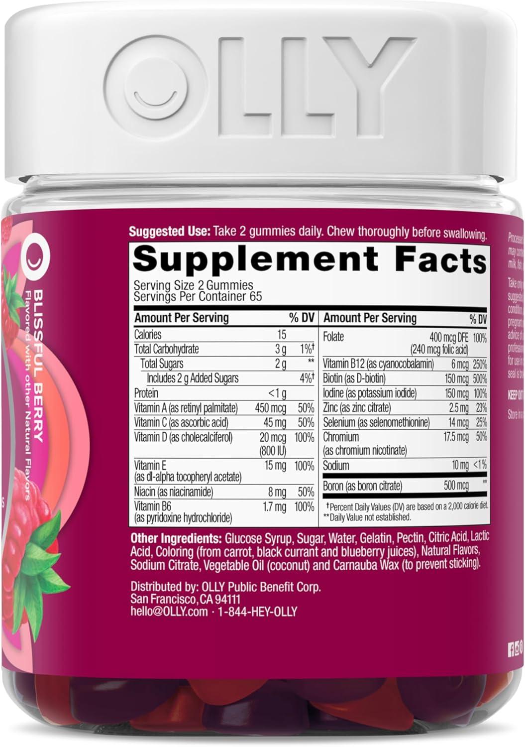 imageOLLY Womens Multivitamin Gummy Womens Overall Wellness Vitamins A C D E Biotin Folic Acid Adult Chewable Supplement Berry Flavored 45 Day Supply 90 CountBerry