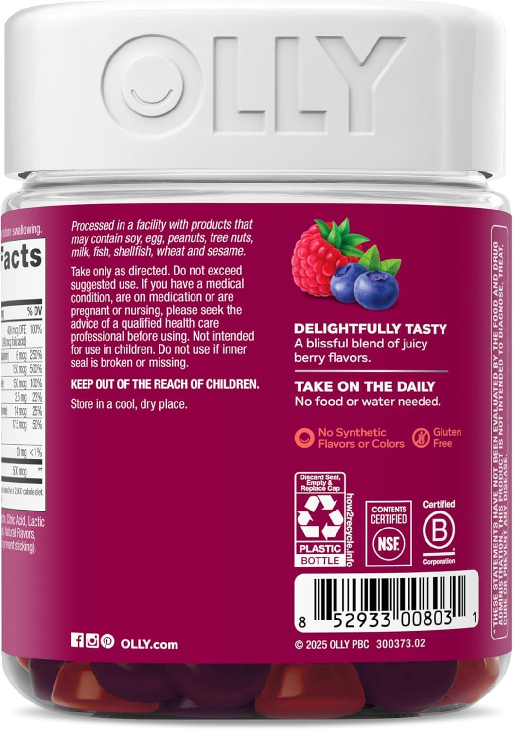 imageOLLY Womens Multivitamin Gummy Womens Overall Wellness Vitamins A C D E Biotin Folic Acid Adult Chewable Supplement Berry Flavored 45 Day Supply 90 CountBerry