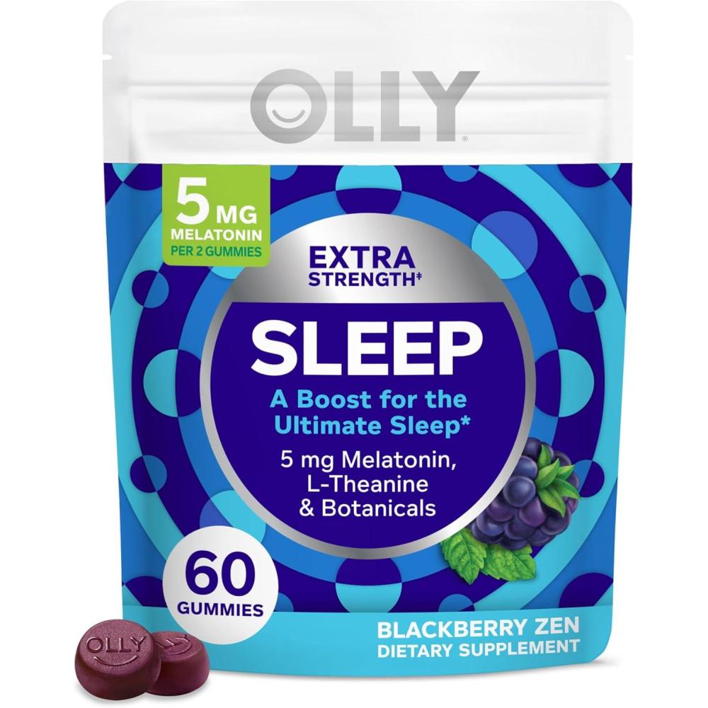 imageOLLY Extra Strength Sleep Gummy Occasional Sleep Support Supplement 5 mg Melatonin LTheanine Blackberry Zen Flavor 30 Day Supply 60 Count Packaging May Vary60 Count Pack of 1