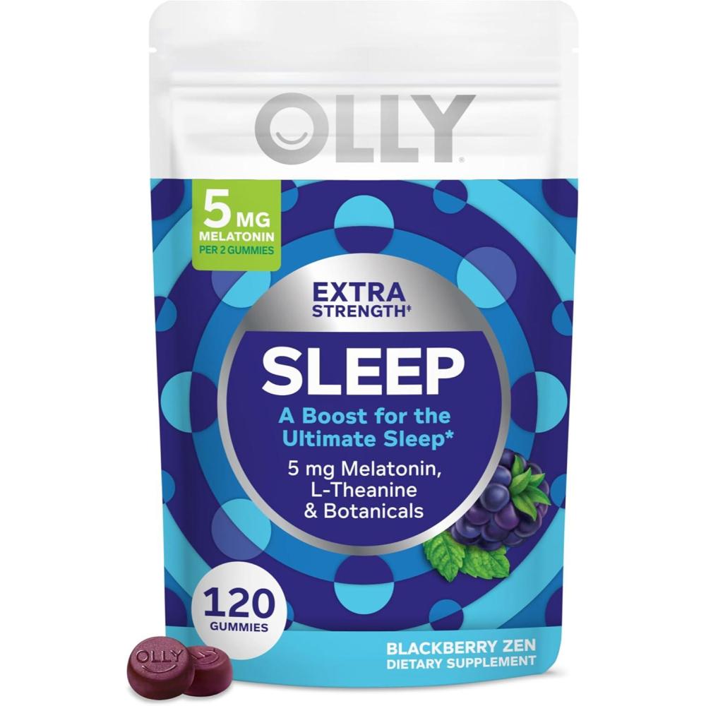 imageOLLY Extra Strength Sleep Gummy Occasional Sleep Support Supplement 5 mg Melatonin LTheanine Blackberry Zen Flavor 30 Day Supply 60 Count Packaging May Vary120 Count Pack of 1