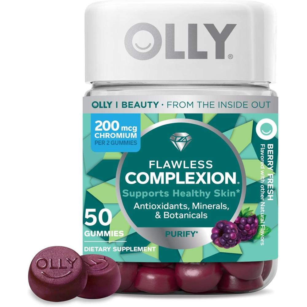 imageOLLY Flawless Complexion Gummy Clear and Healthy Skin Support Vitamins E A Zinc Chewable Supplement Berry 50 Count Pack of 150 Count Pack of 1