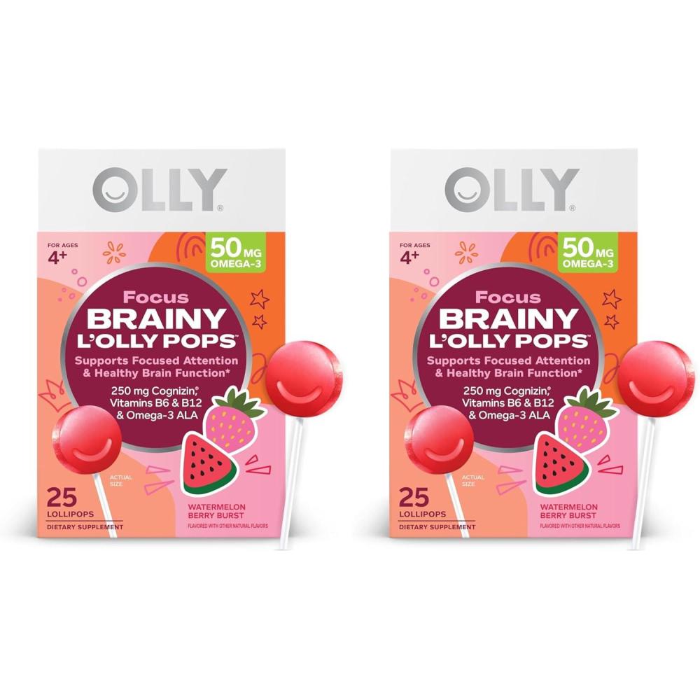 imageOLLY Focus Buddies LOLLY Pops Cognizin Vitamins B6 and B12 Omega3 ALA Supports Focused Attention and Healthy Brain Function Kids 4 Dietary Supplement Watermelon Strawberry Flavored 25 Count25 Count Pack of 2
