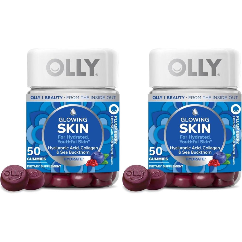 imageOLLY Glowing Skin Gummy Hydrated amp Youthful Skin Hyaluronic Acid Collagen Peptides Sea Buckthorn Plump Berry Flavor 25 Day Supply 50 Count50 Count Pack of 2