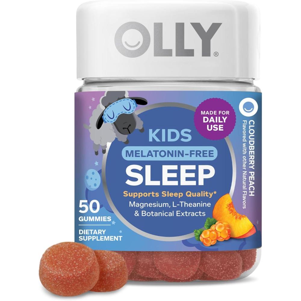 imageOLLY Kids Melatonin Free Sleep Gummy Supplement Supports Sleep Quality Magnesium LTheanine Lemon Balm Cloudberry Peach Flavored 25 Day Supply  50 Count