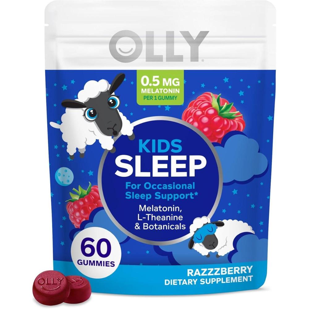 imageOLLY Kids Sleep Gummy Occasional Sleep Support 05mg Melatonin LTheanine Raspberry Flavored 50 or 25 Day Supply 50 CountPouch