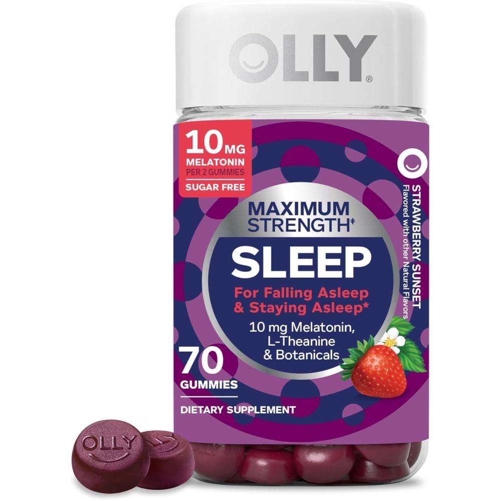 imageOLLY Max Strength Sleep Gummy 10mg Melatonin LTheanine Chamomile Lemon Balm Sugar Free Vegetarian Sleep Aid Strawberry 70 Count70 Count Pack of 1