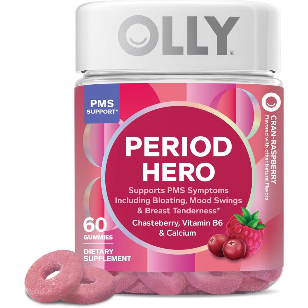 imageOLLY Period Hero Gummies PMS Support Supplement Chasteberry Vitamin B6 Calcium CranRaspberry Flavor 30 Day Supply 60 Count