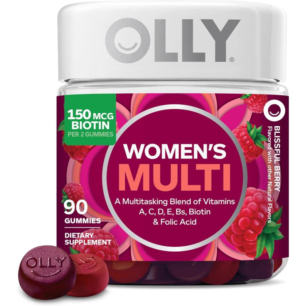 imageOLLY Womens Multivitamin Gummy Womens Overall Wellness Vitamins A C D E Biotin Folic Acid Adult Chewable Supplement Berry Flavored 45 Day Supply 90 CountBerry