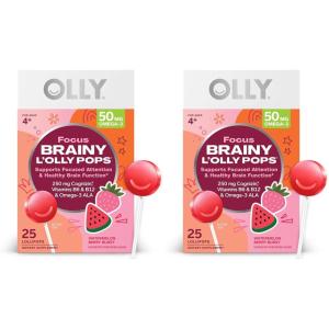 OLLY Focus Buddies L’OLLY Pops, Cognizin, Vitamins B6 and B12, Omega-3 ALA, Supports Focused Attention and Healthy Brain Function,* Kids 4+ Dietary Supplement, Watermelon Strawberry Flavored, 25 Count(25 Count (Pack of 2))