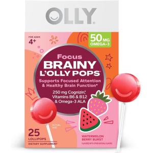 OLLY Focus Buddies L’OLLY Pops, Cognizin, Vitamins B6 and B12, Omega-3 ALA, Supports Focused Attention and Healthy Brain Function,* Kids 4+ Dietary Supplement, Watermelon Strawberry Flavored, 25 Count(25 Count)