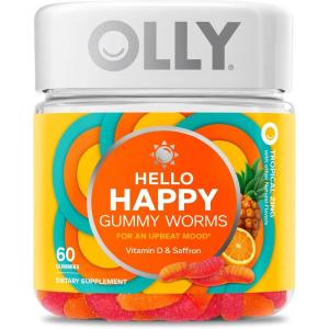 OLLY Hello Happy Gummy Worms, Mood Support Gummies For Adults,* Saffron Extract, Vitamin D, Tropical Zing Flavored, 30 Day Supply – 60 Count(60 Count (Pack of 1))