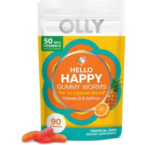 OLLY Hello Happy Gummy Worms, Mood Support Gummies For Adults,* Saffron Extract, Vitamin D, Tropical Zing Flavored, 30 Day Supply – 60 Count(90 Count (Pack of 1))