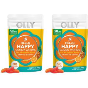 OLLY Hello Happy Gummy Worms, Mood Support Gummies For Adults,* Saffron Extract, Vitamin D, Tropical Zing Flavored, 30 Day Supply – 60 Count(90 Count (Pack of 2))