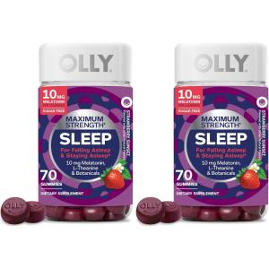 OLLY Max Strength Sleep Gummy, 10mg Melatonin, L-Theanine, Chamomile, Lemon Balm, Sugar Free, Vegetarian Sleep Aid, Strawberry – 70 Count(70 Count (Pack of 2))
